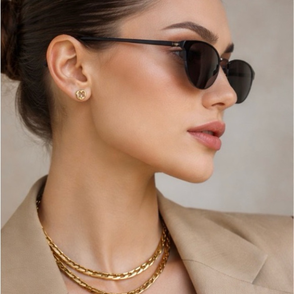 Gold Designer-Inspired Logo Stud Earrings | Minimalist Luxe Chic - Picture 3 of 6